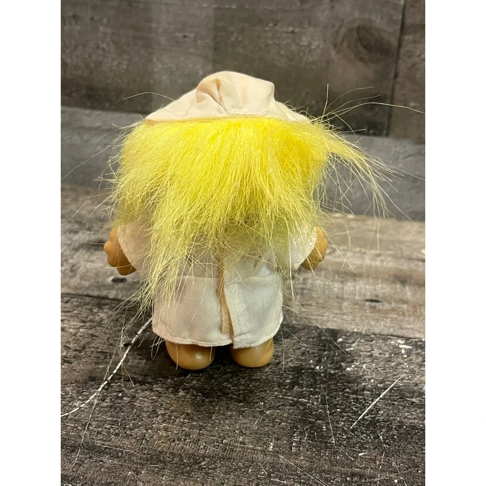 Vintage Russ Berrie Nurse Troll Doll Yellow Hair White Uniform Red Cross 3 Inch